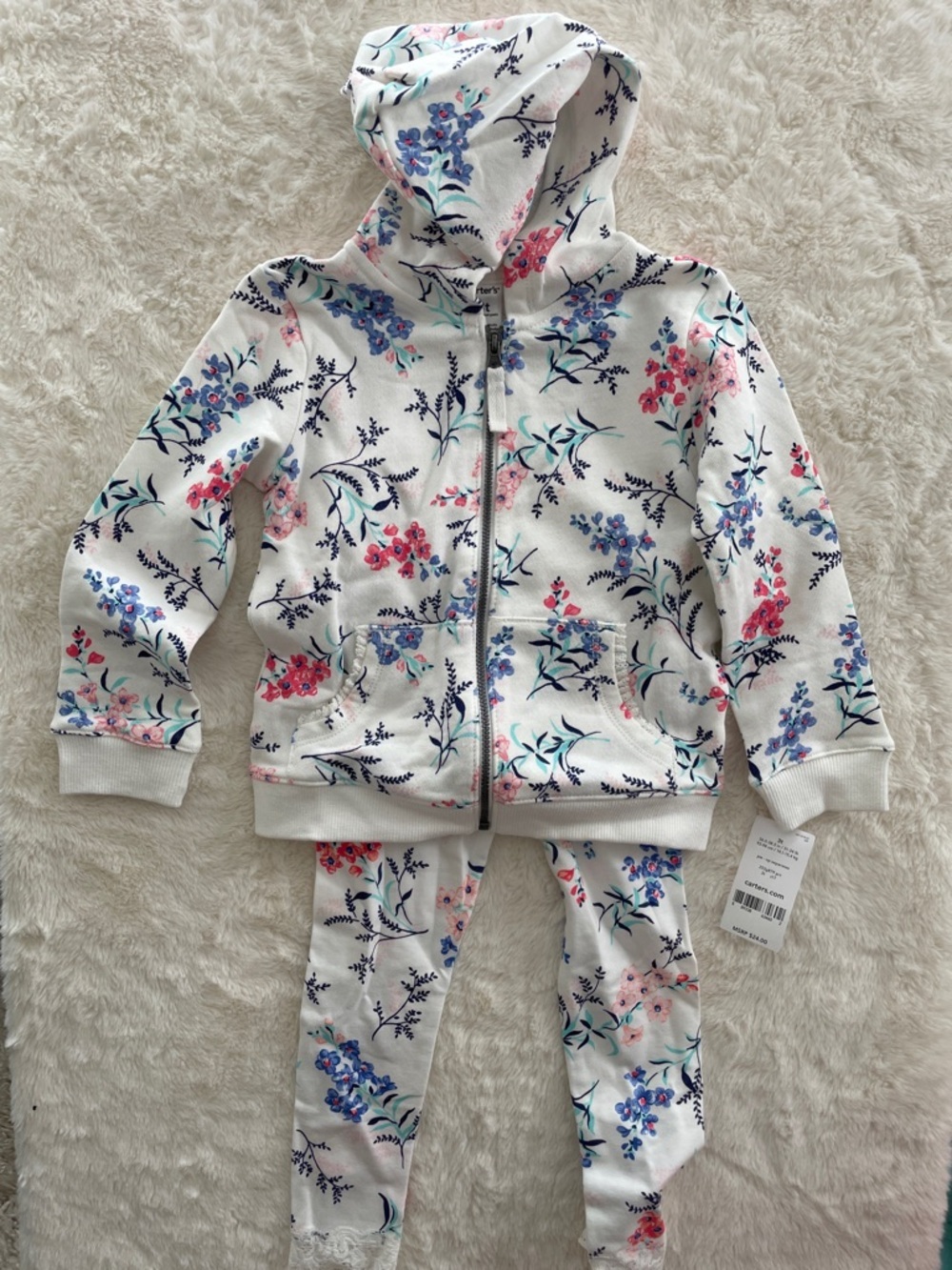 SALE! NWT Carter's White Floral Zip Hoodie with Pink and Blue Flowers SIZE 3T